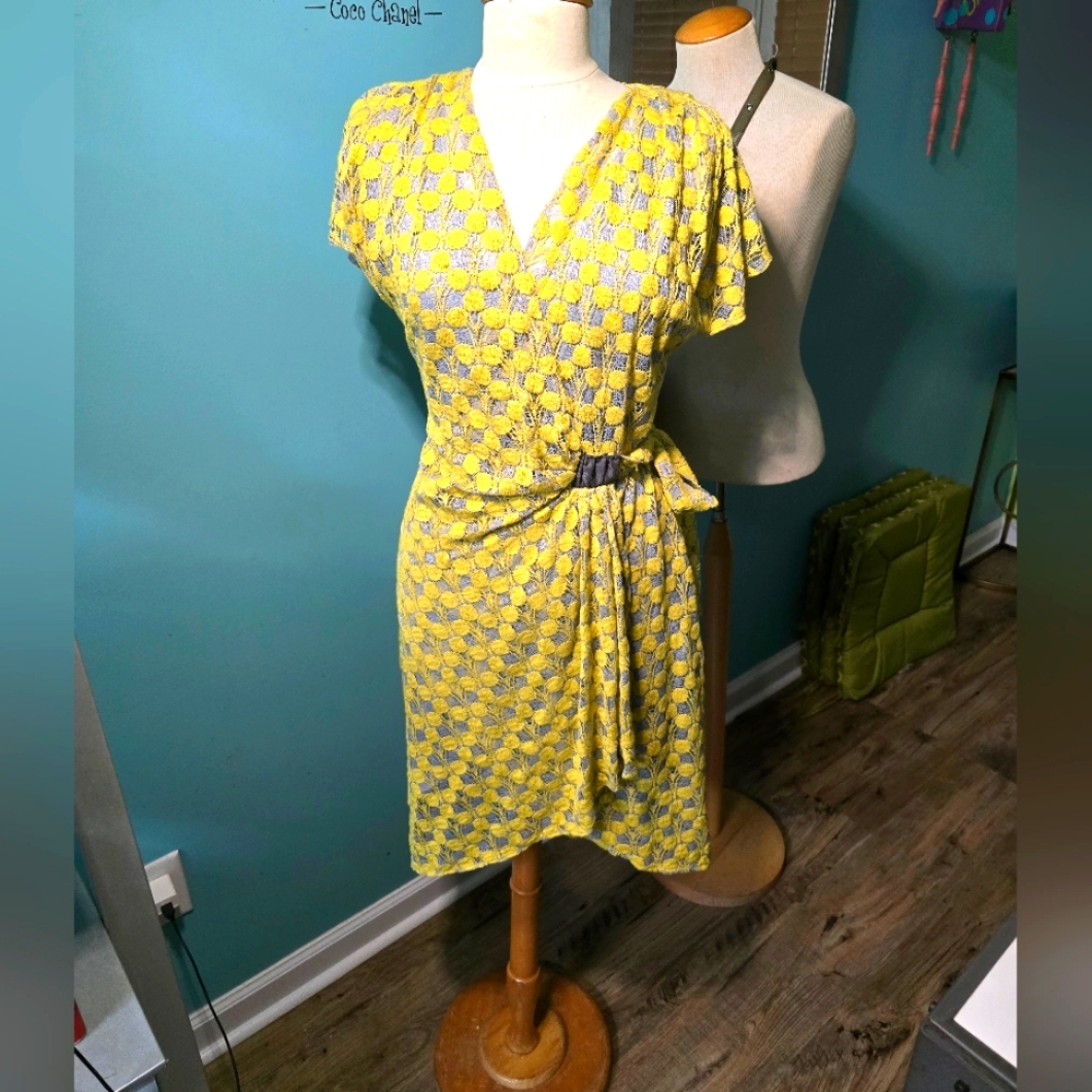 ⚡️Eva Franco Yellow and Gray Lace Faux Wrap Dress with Flutter Sleeves